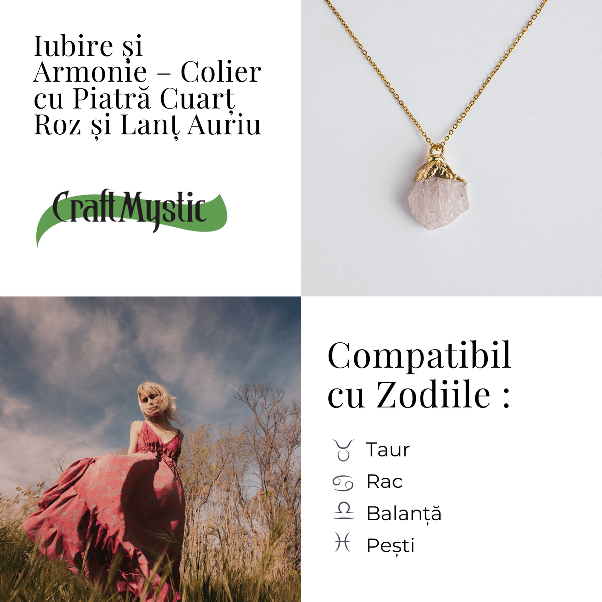 Iubire si Armonie - Colier cu Piatra Cuart Roz si Lant Auriu