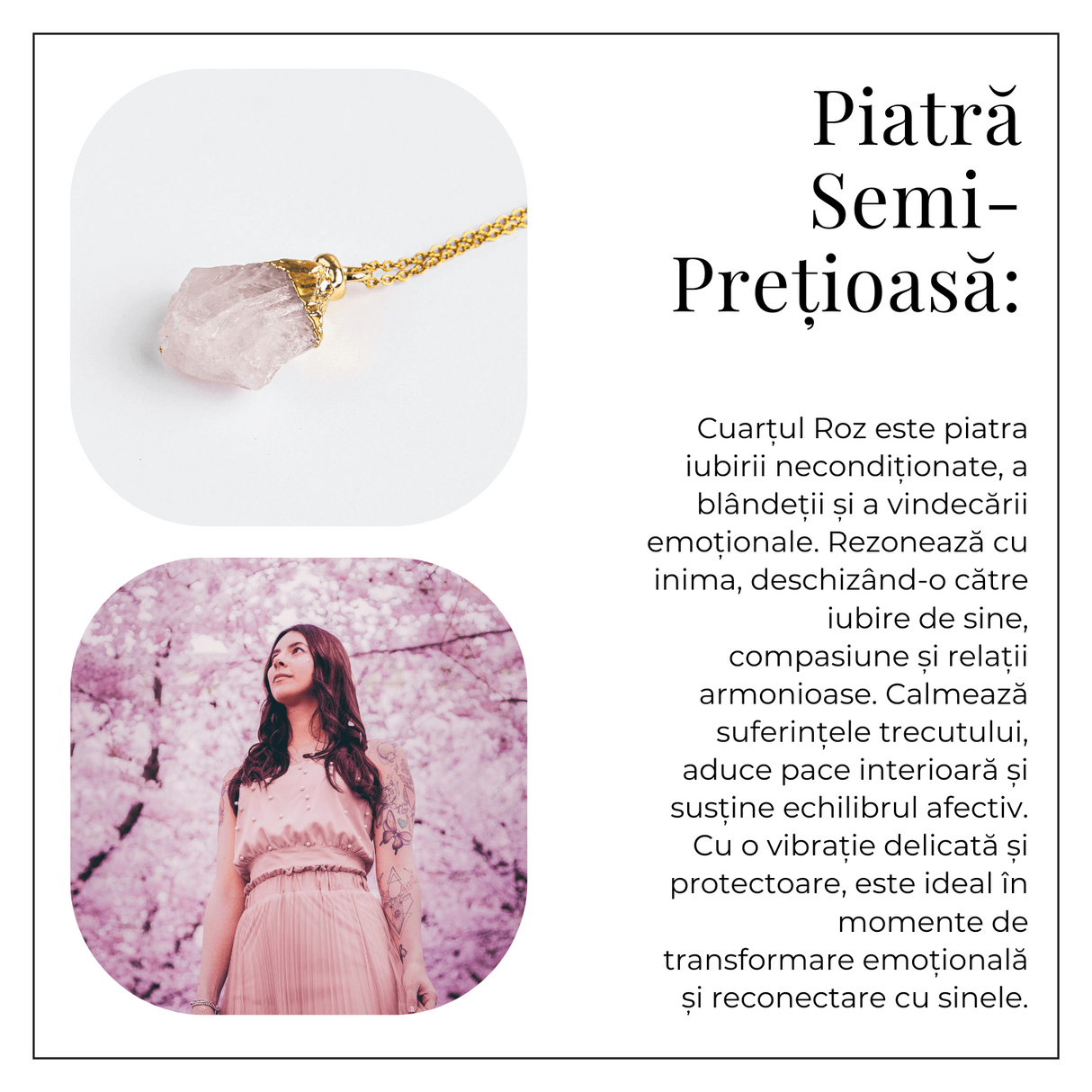 Iubire si Armonie - Colier cu Piatra Cuart Roz si Lant Auriu