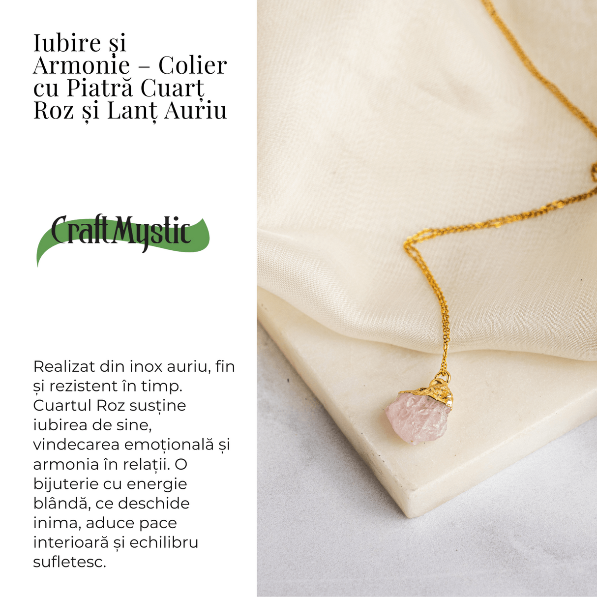 Iubire si Armonie - Colier cu Piatra Cuart Roz si Lant Auriu