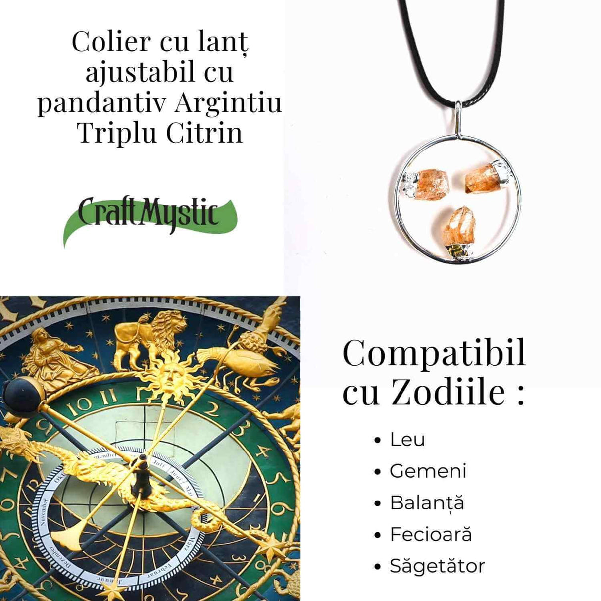 Colier cu pandantiv rotund si 3 pietre de Citrin - Abundenta si Energie Pozitiva