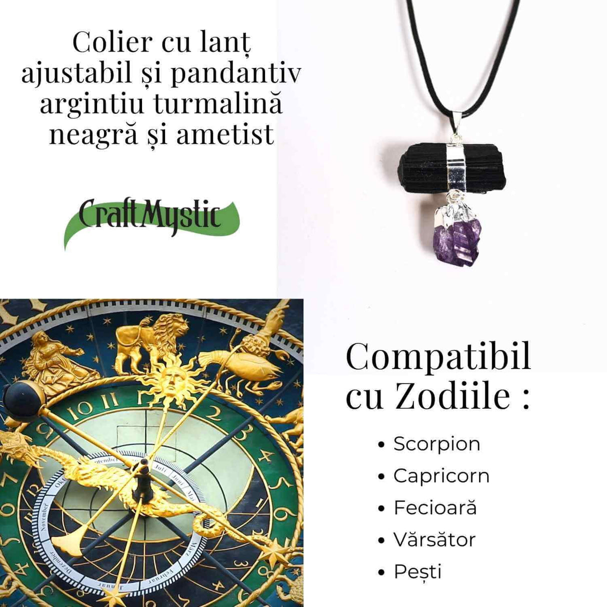Colier cu pandantiv Turmalina si Ametist - Protectie si Claritate Spirituala
