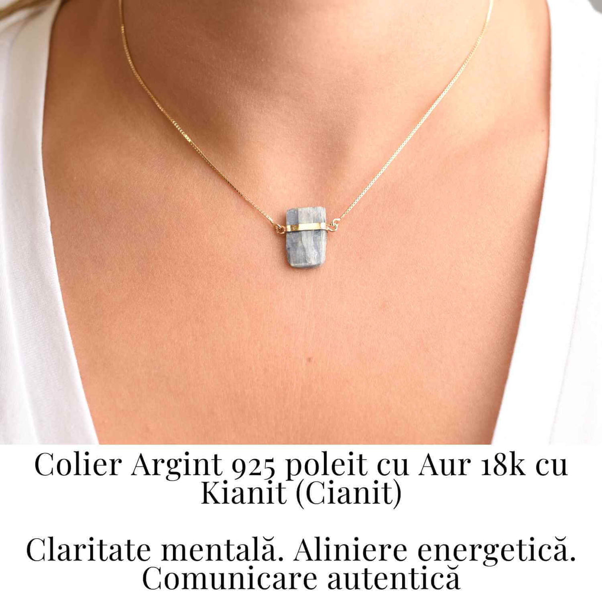 Colier Brut cu Kianit ( Cianit ) din Argint 925 placat cu aur de 18k -Liniste Interioara si Claritate Mentala