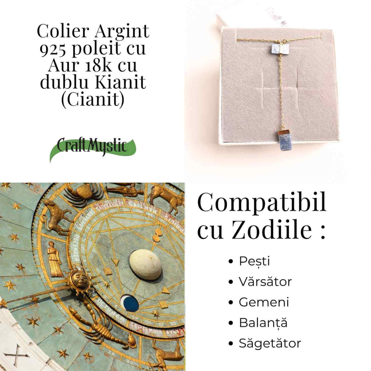 Claritate si Aliniere - Colier din Argint 925 Placat cu Aur 18K cu Dublu Kianit (Cianit)