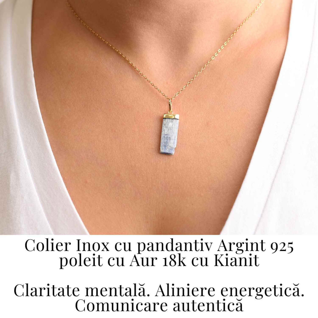 Colier Brut cu Kianit ( Cianit ) din Argint 925 placat cu aur de 18k lant inox - Comunicare Autentică și Calm Mental
