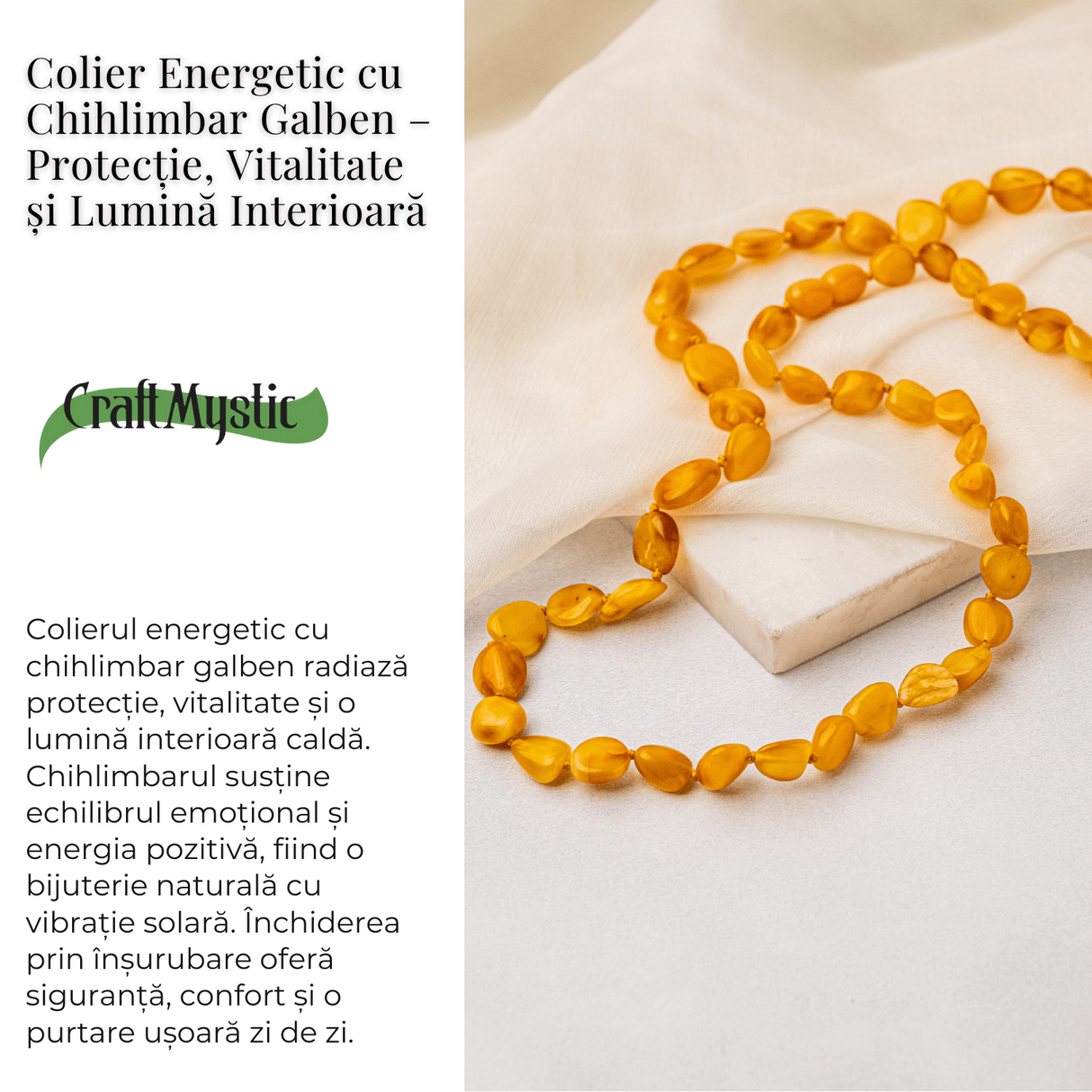 Colier Energetic din Chihlimbar Galben Natural - Protectie, Vitalitate si Lumină Calda Interioara