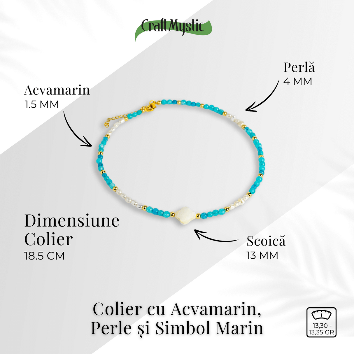 Colier tip choker cu pietre pentru pace interioara - Acvamarin, perle si simbol marin