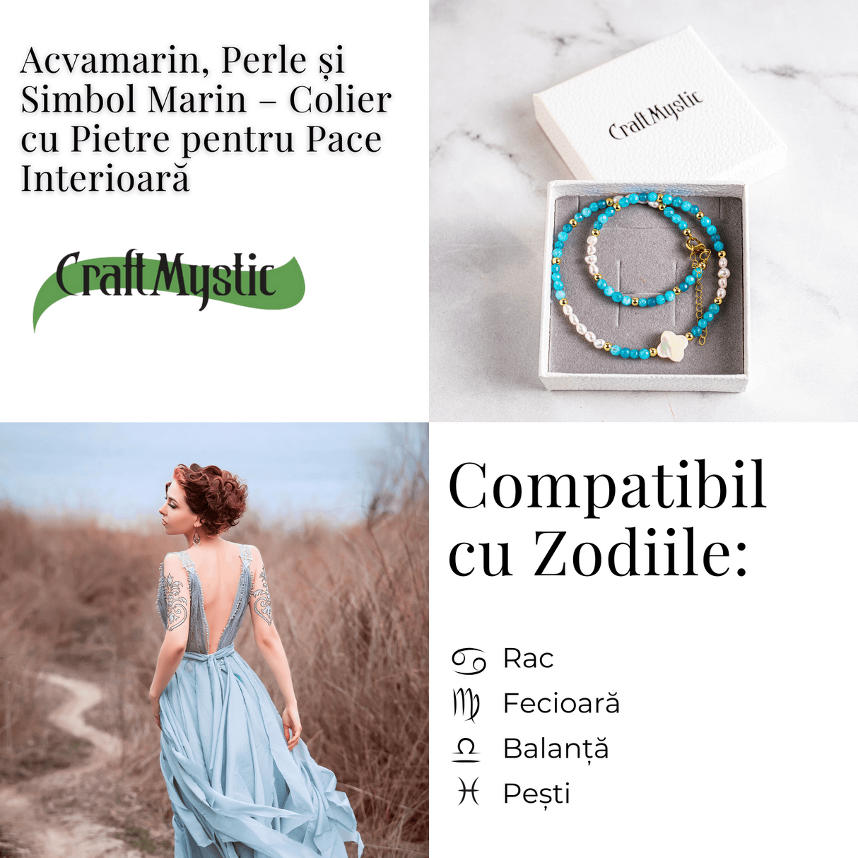 Colier tip choker cu pietre pentru pace interioara - Acvamarin, perle si simbol marin