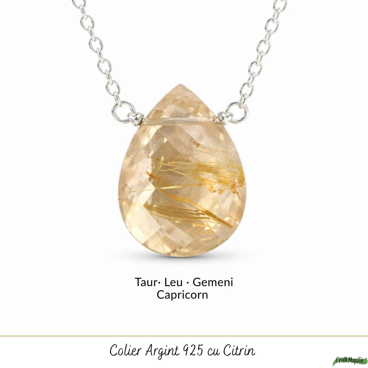 Colier argint 925 cu rutil auriu lacrima – claritate si energie interioara