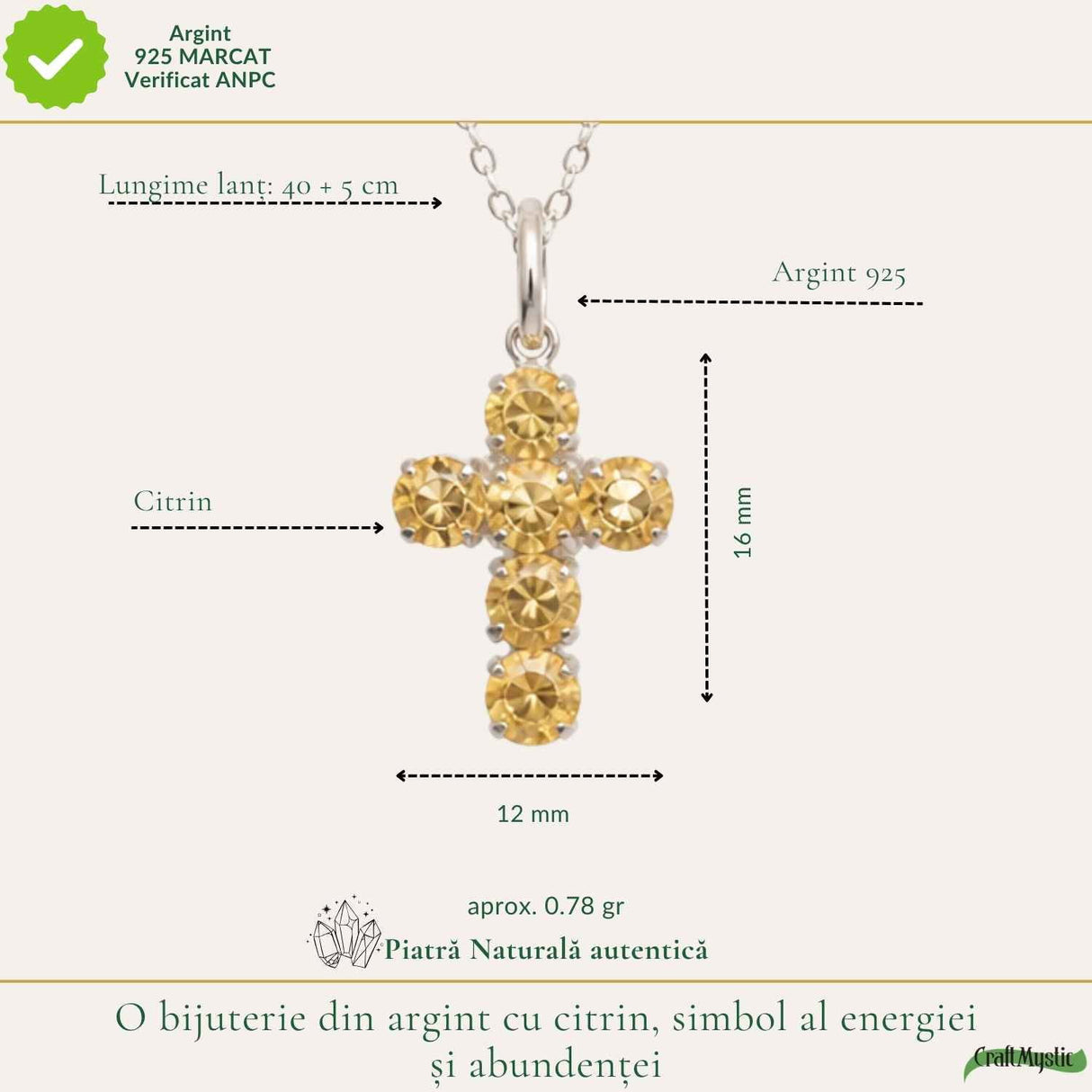 Colier Argint 925 cu Citrin Fatetat Cruce – Energie si Protectie Pozitiva