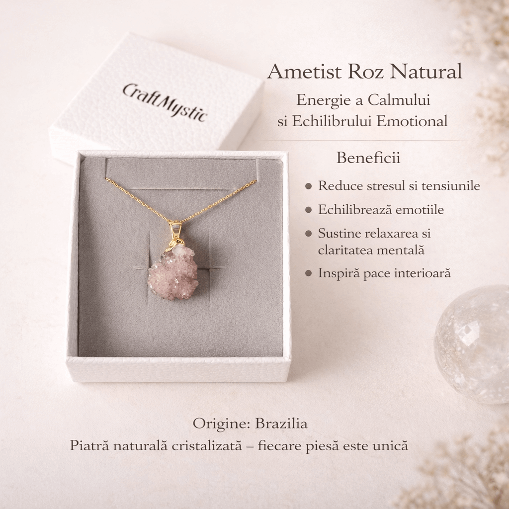 Colier cu Ametist Roz Natural 2-3 cm - Lant Argint Placat Aur 18K - Piatra Bruta Brazilia