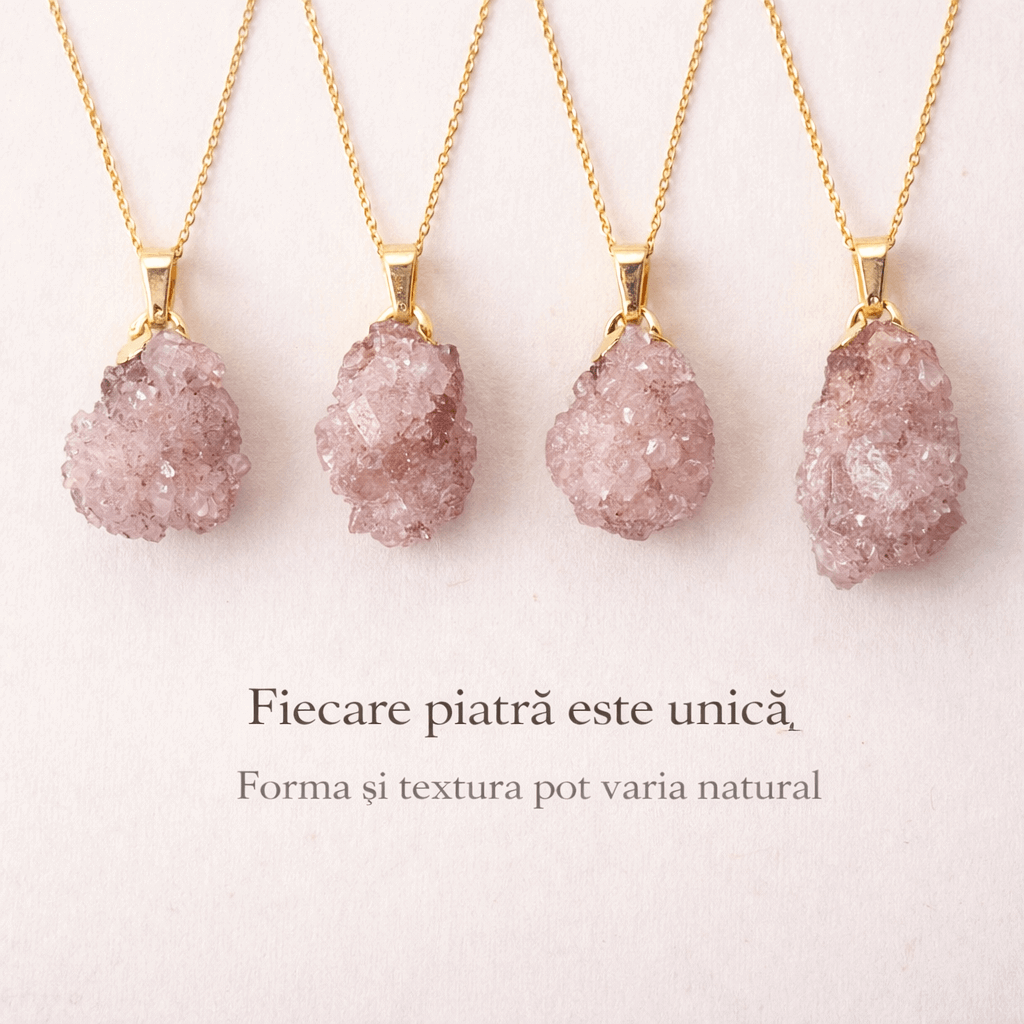 Colier cu Ametist Roz Natural 2-3 cm - Lant Argint Placat Aur 18K - Piatra Bruta Brazilia