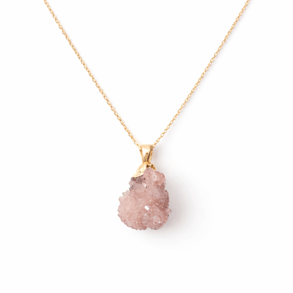 Colier cu Ametist Roz Natural 2-3 cm - Lant Argint Placat Aur 18K - Piatra Bruta Brazilia