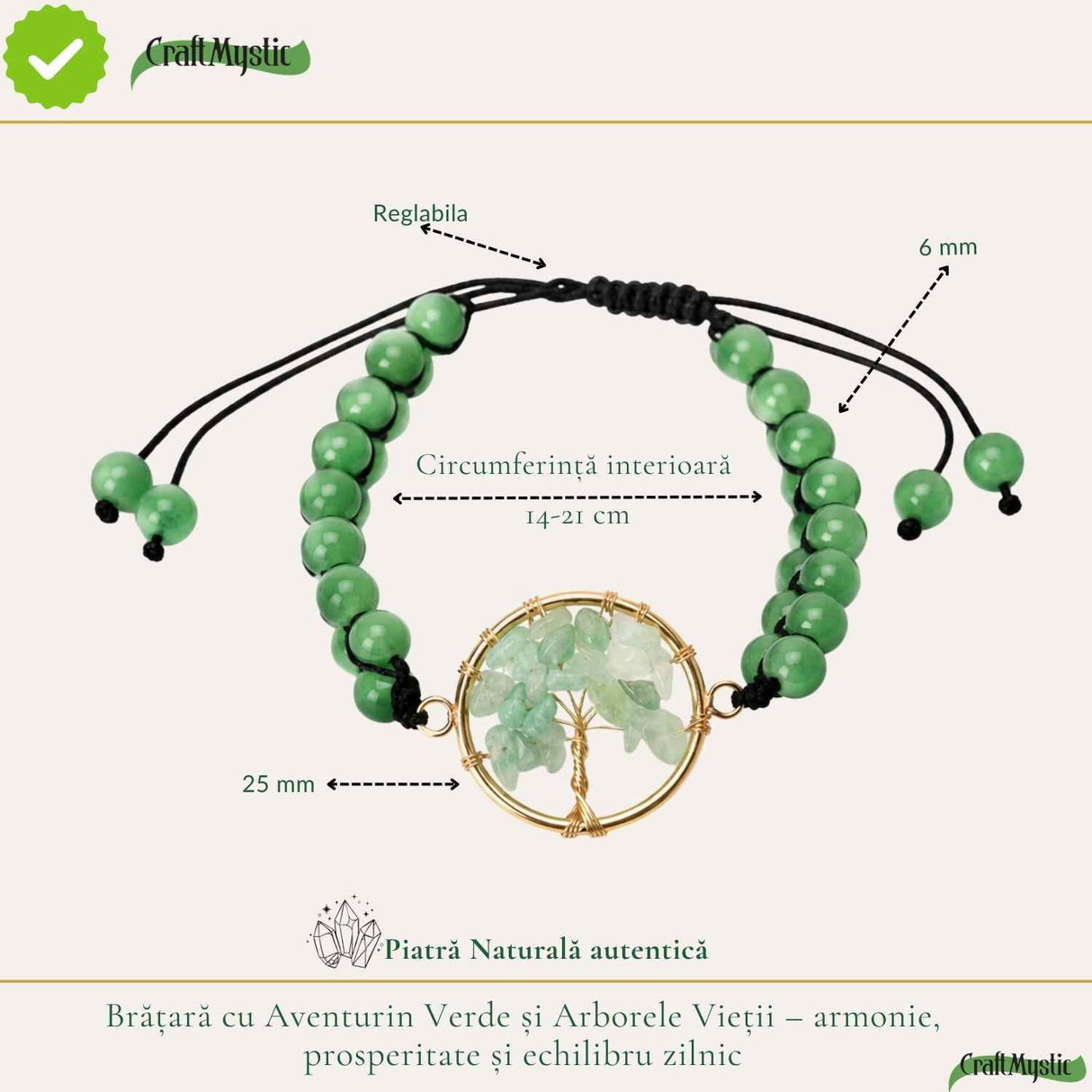 Bratara cu Aventurin Verde si Arborele Vietii – Prosperitate, Armonie si Noroc