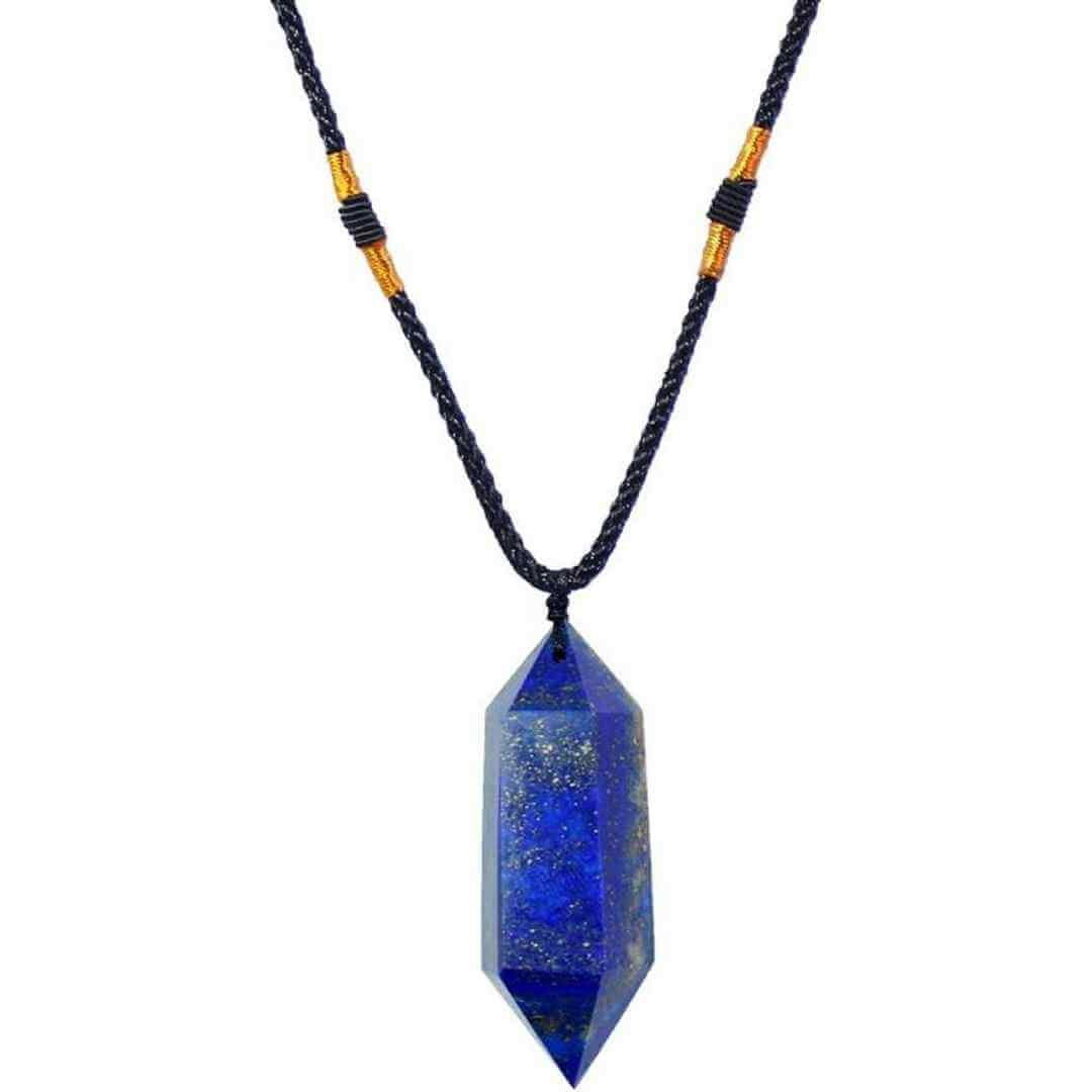 Colier cu cristal vindecator Lapiz Lazuli 4-5 cm, in forma hexagonala cu dublu varf si saculet satin negru - pentru protectie, vointa si noroc