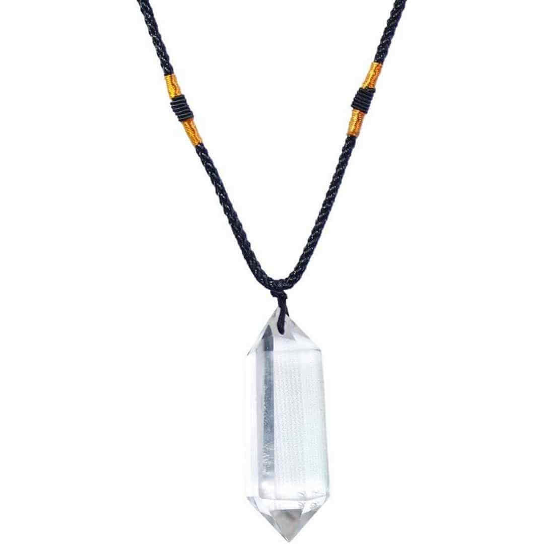 Colier cu cristal vindecator Labradorit 4-5 cm, in forma hexagonala cu dublu varf si saculet satin negru - pentru protectie, vointa si noroc
