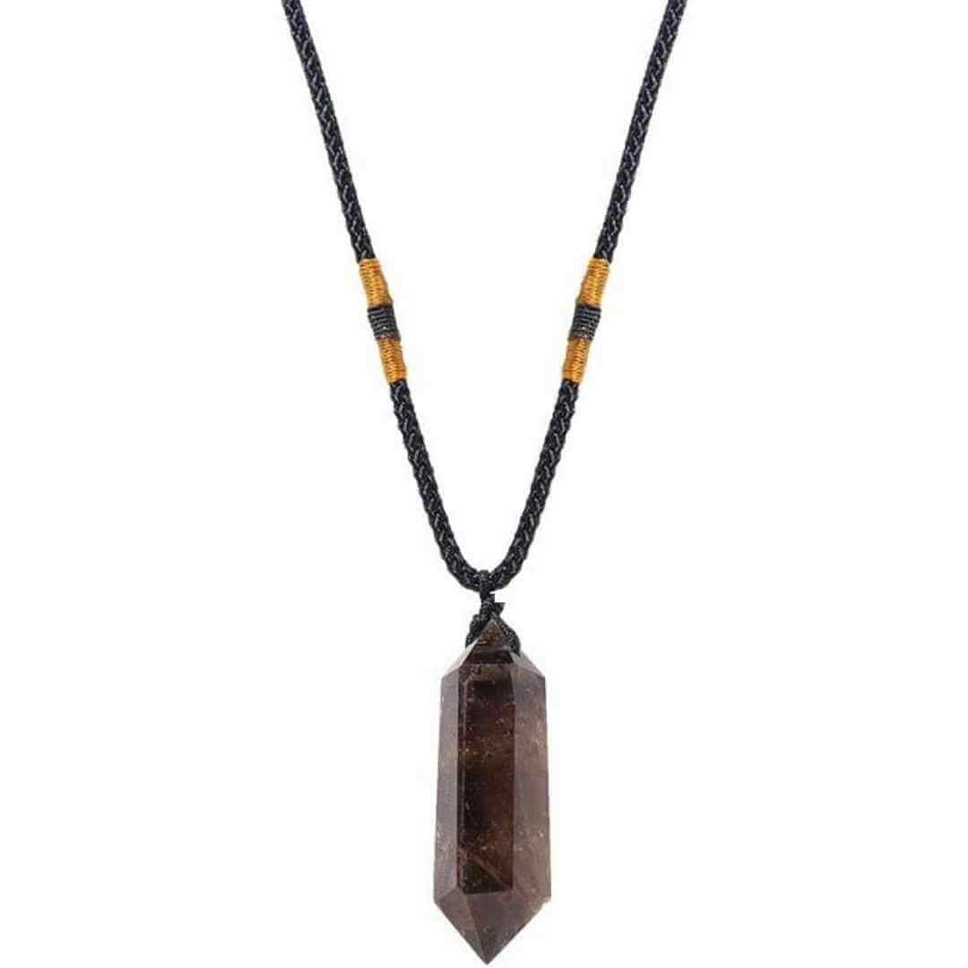 Colier cu cristal vindecator Labradorit 4-5 cm, in forma hexagonala cu dublu varf si saculet satin negru - pentru protectie, vointa si noroc