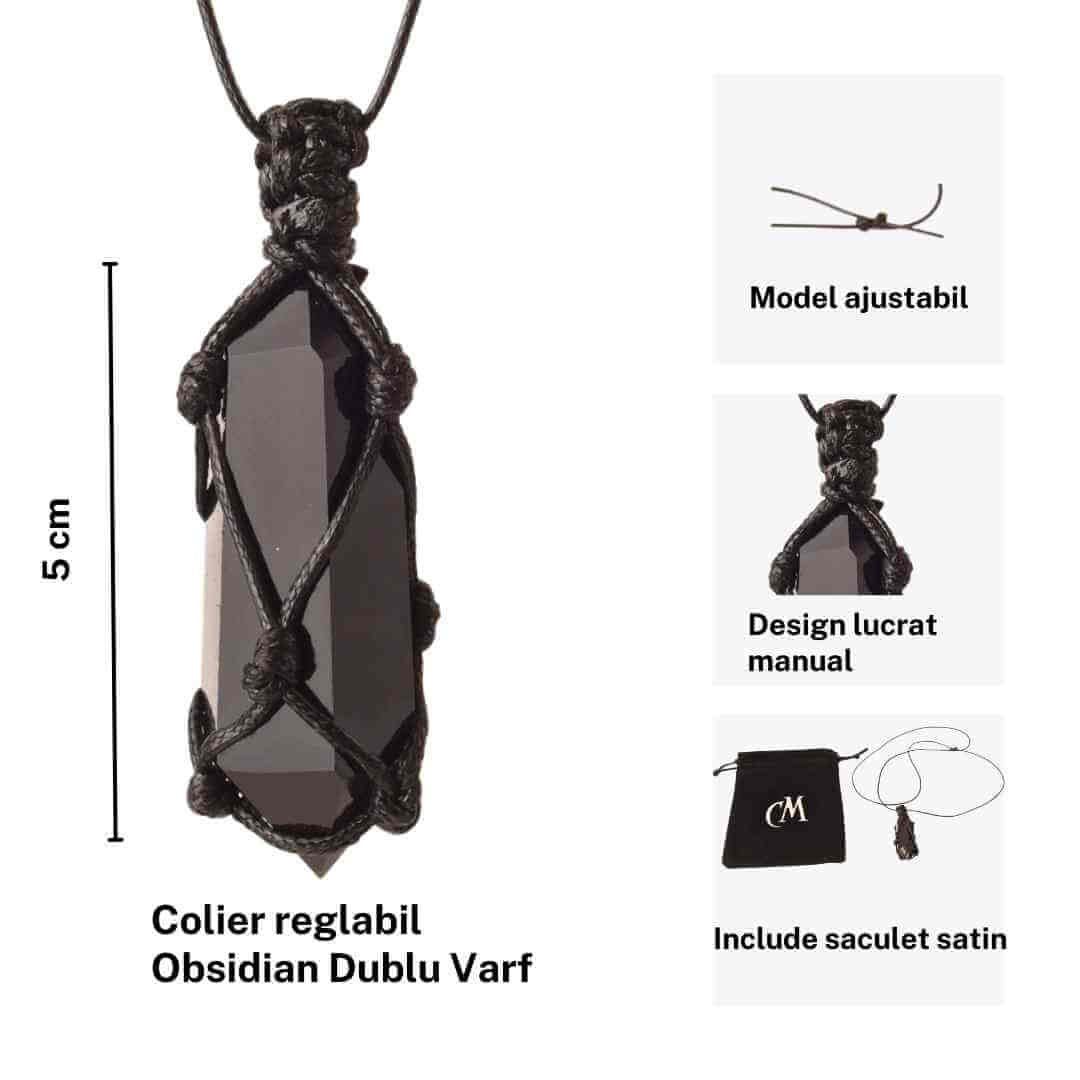 Colier cu cristal vindecator Obsidian Negru, in forma hexagonala dublu varf, infasurat intr-o plasa de franghie neagra ajustabila - pentru protectie, stabilitate si armonie