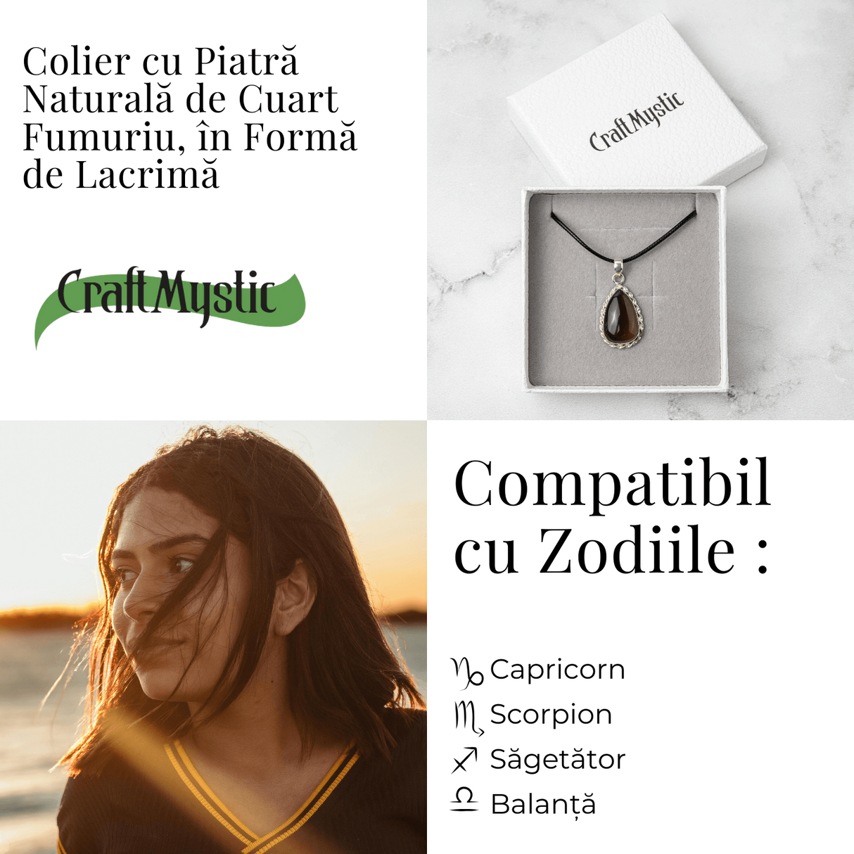 Colier cu Cuart Fumuriu Natural in Forma de Lacrima - Protectie si Echilibru Emotional