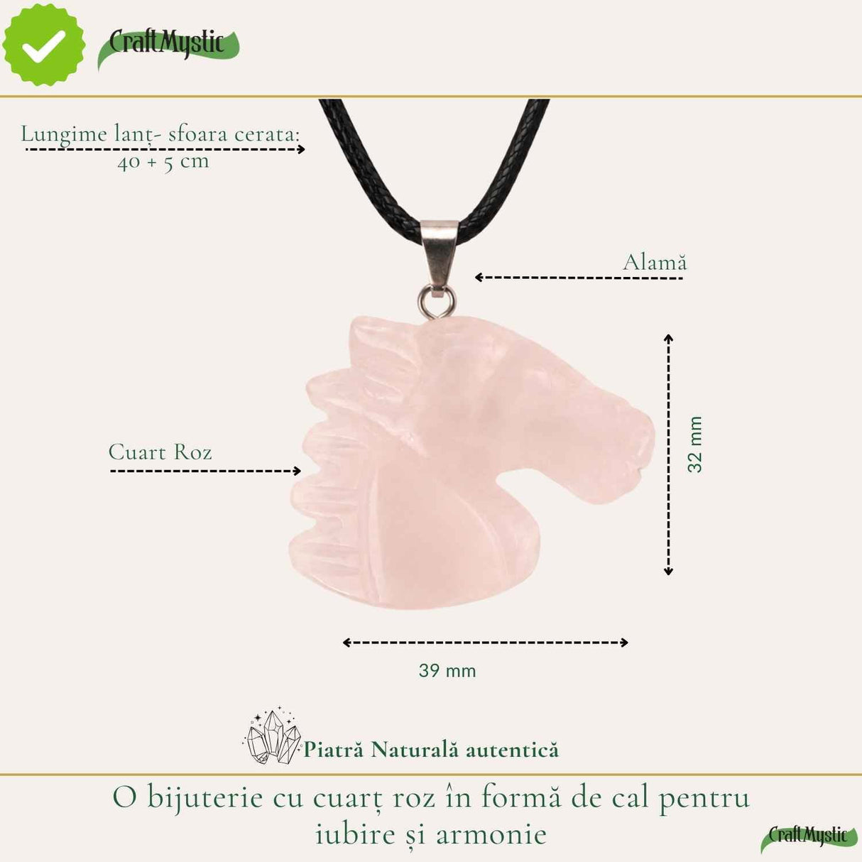 Colier cu Cuart Roz Natural in Forma de Cal – Iubire, Blandete si Libertate