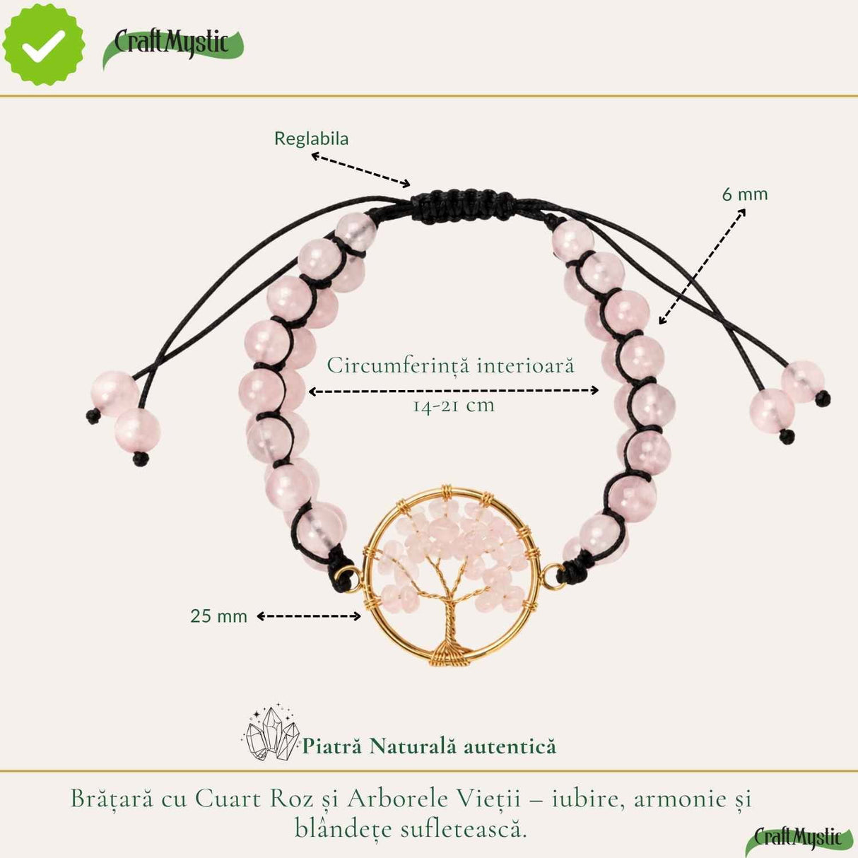 Bratara cu Cuart Roz si Arborele Vietii – Iubire, Armonie si Echilibru Emotional