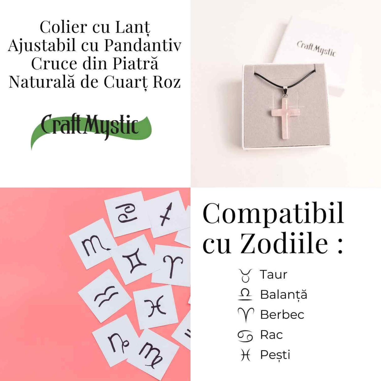 Colier cu Cuart Roz Natural in forma de cruce - Iubire si vindecare emotionala