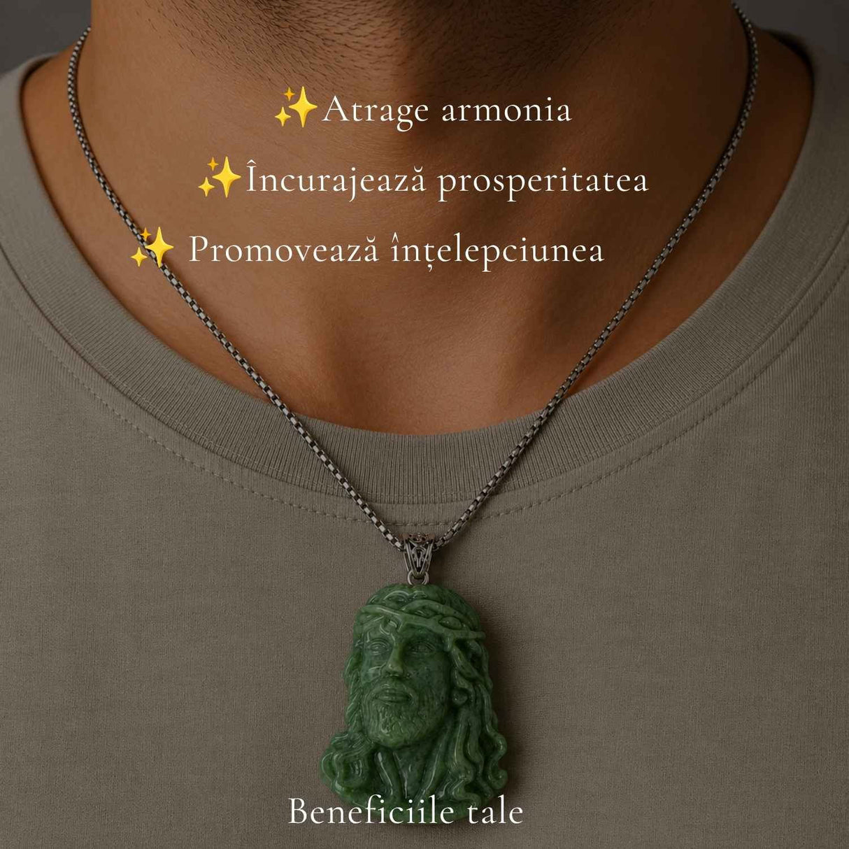 Colier cu Jad Natural cu Chipul lui Isus – Credinta, Armonie si Protectie
