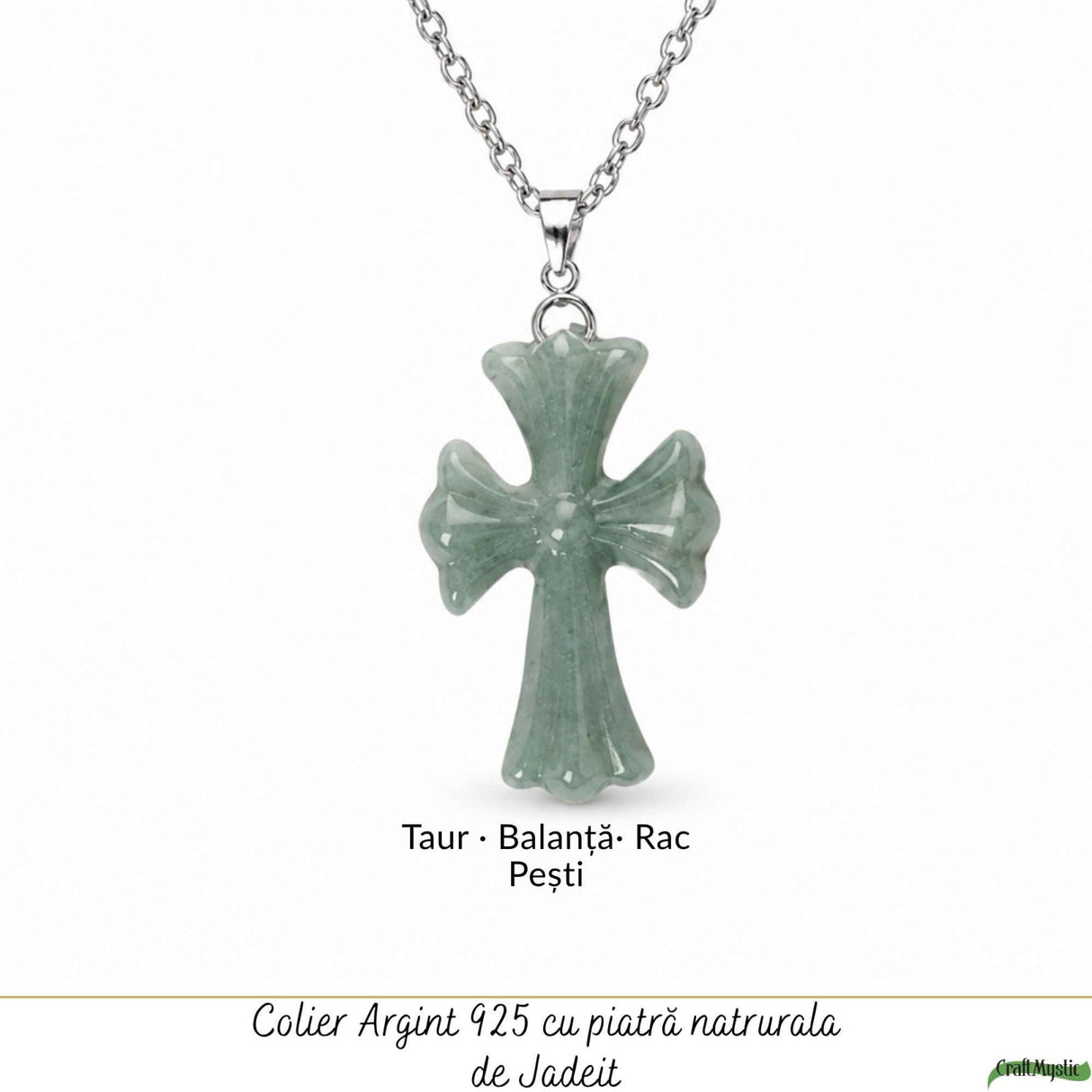 Colier cu Jadeit Natural forma de Cruce si Lant Argint 925 – Armonie, Prosperitate si Eleganta