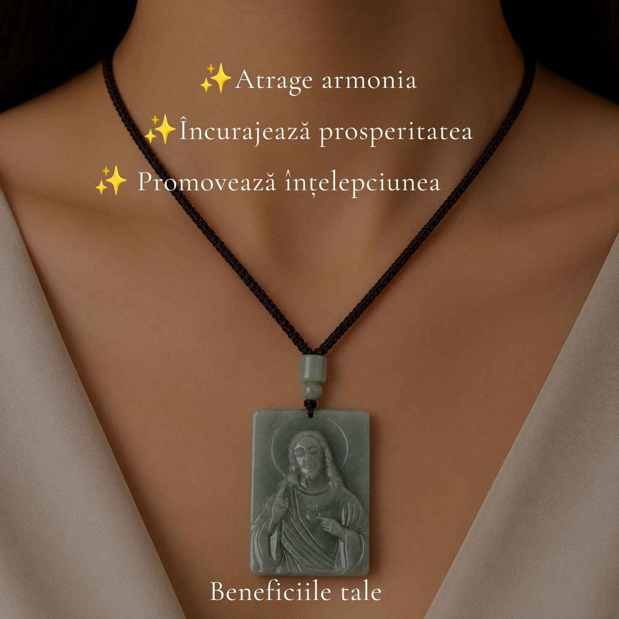 Colier cu Jad Natural cu Chipul lui Isus – Protectie, Armonie si Credinta