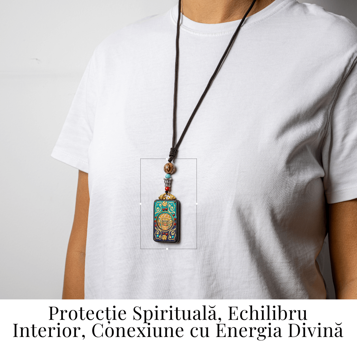 Colier Thangka Nepalez din Lemn de Abanos cu Leul de Zapada - Protectie Spirituala si Echilibru Interior