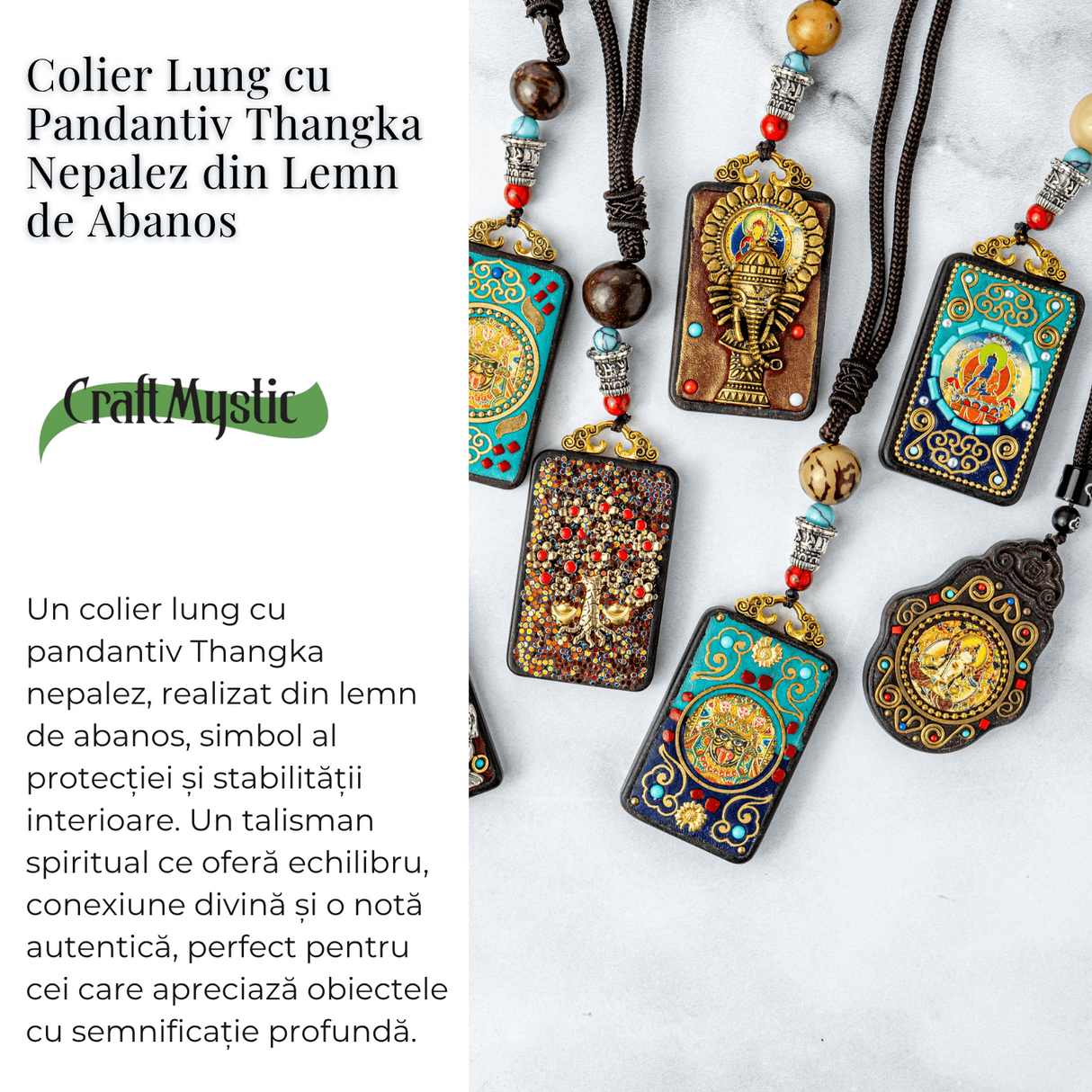 Colier Thangka Nepalez din Lemn de Abanos cu Leul de Zapada - Protectie Spirituala si Echilibru Interior