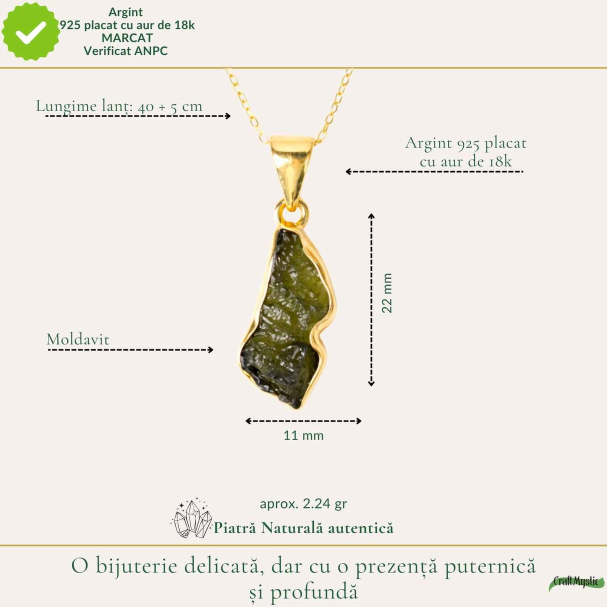 Colier din Argint Placat Aur 18K cu Moldavit – Putere Interioara si Evolutie