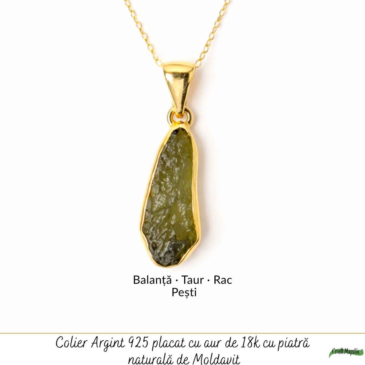 Colier Elegant cu Moldavit Brut si Argint placat cu Aur 18K - Claritate si Intuitie