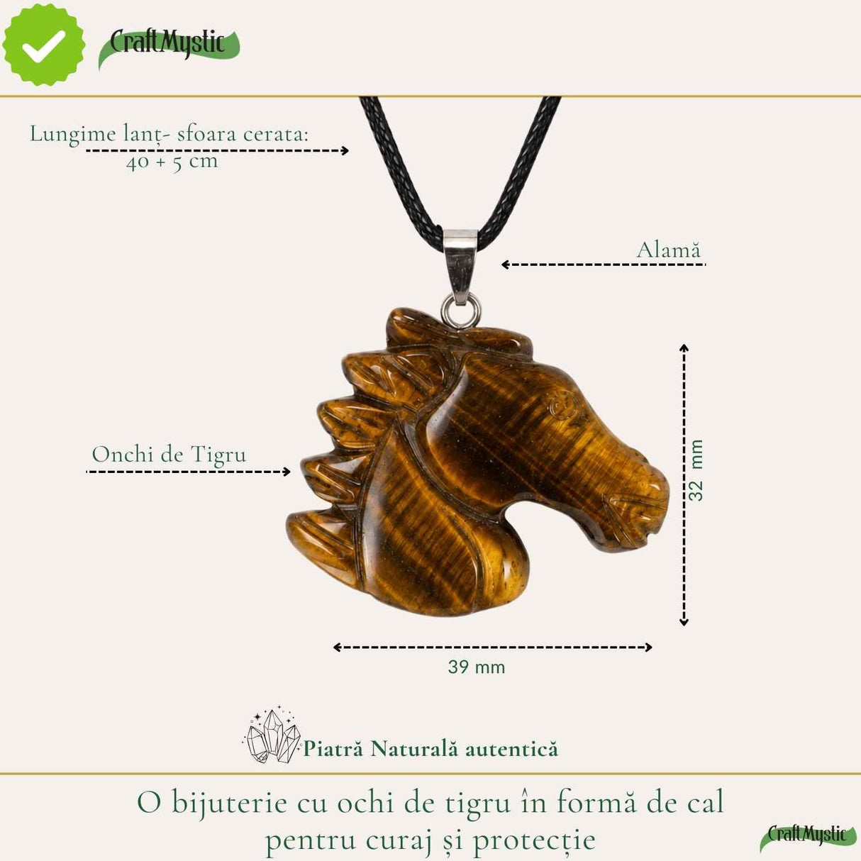 Colier cu Ochi de Tigru Natural in Forma de Cal – Curaj, Protectie si incredere