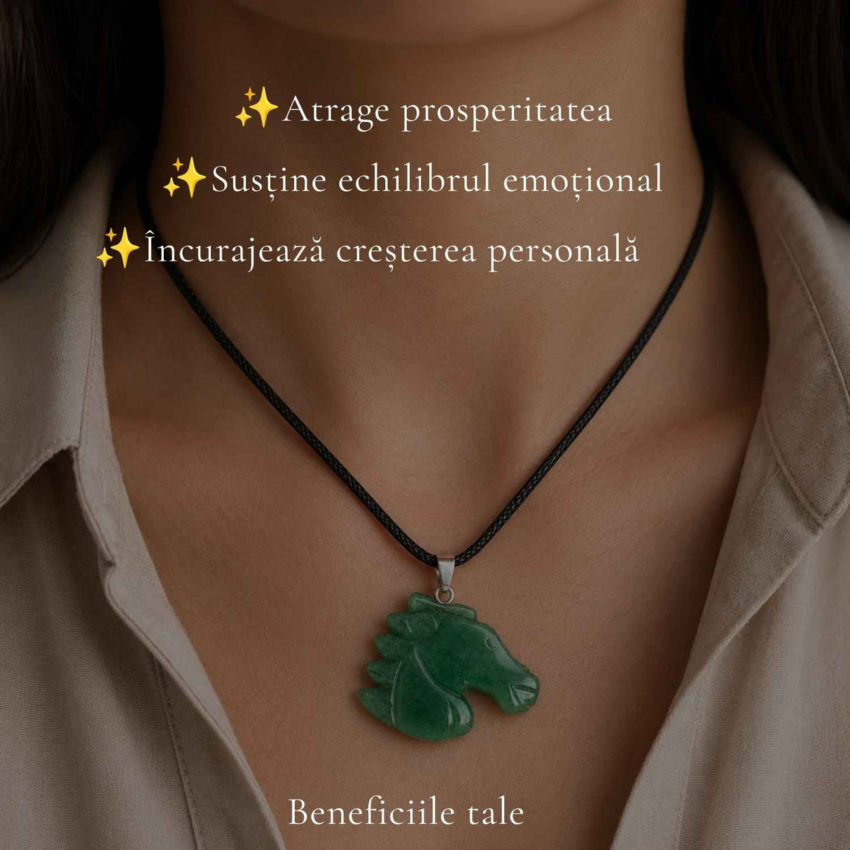 Colier cu Aventurin Verde Natural in Forma de Cal – Noroc, Echilibru si Libertate