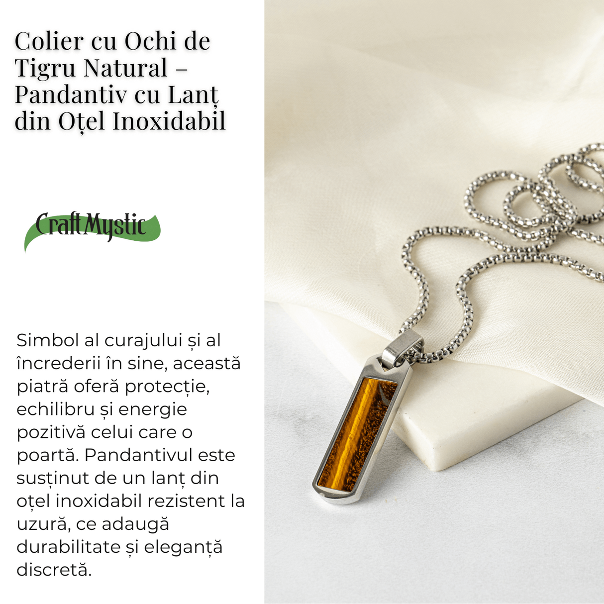 Colier Otel Inoxidabil cu Ochi de Tigru Natural - Pandantiv Dreptunghiular al Curajului