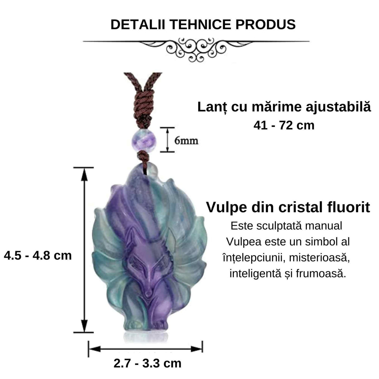 Colier cu pandantiv chip de vulpe din cristal vindecator Flourit - semnificatia pandantivului: intelepciune, frumusete, inteligenta, adaptabilitate si oportunitate