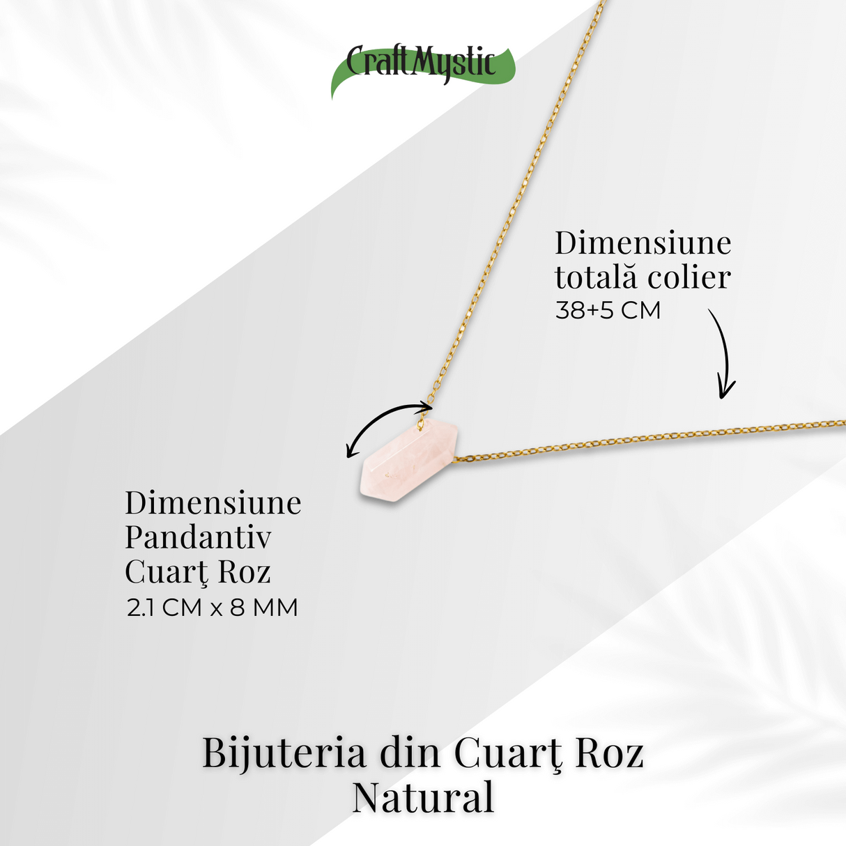 Colier din Cuart Roz Natural cu Pandantiv Fatetat Hexagonal