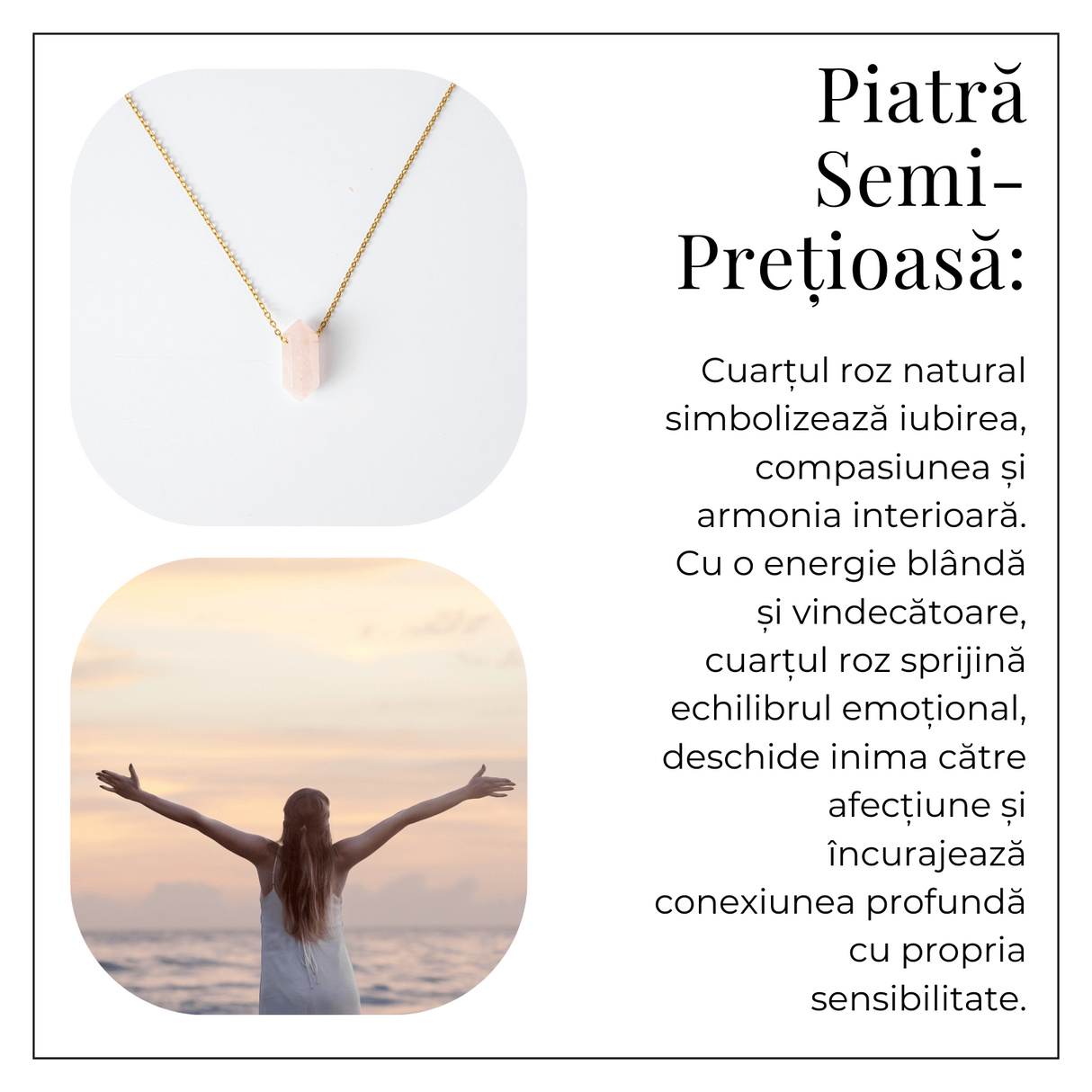 Colier din Cuart Roz Natural cu Pandantiv Fatetat Hexagonal