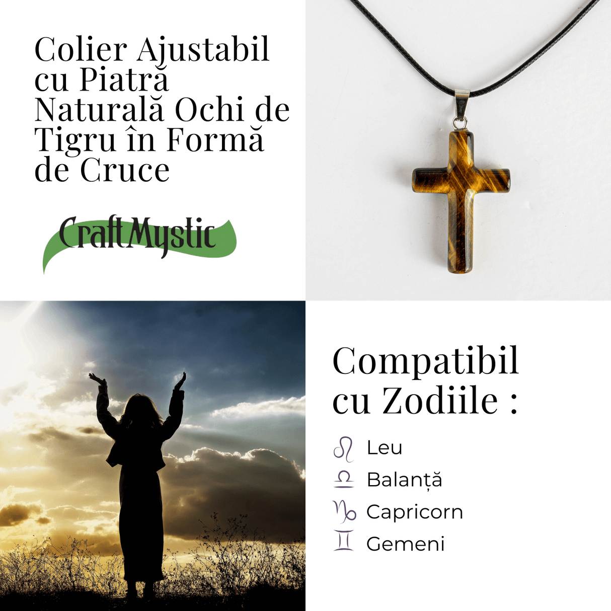 Colier cu Ochi de Tigru Natural in Forma de Cruce - Protectie si Echilibru Energetic