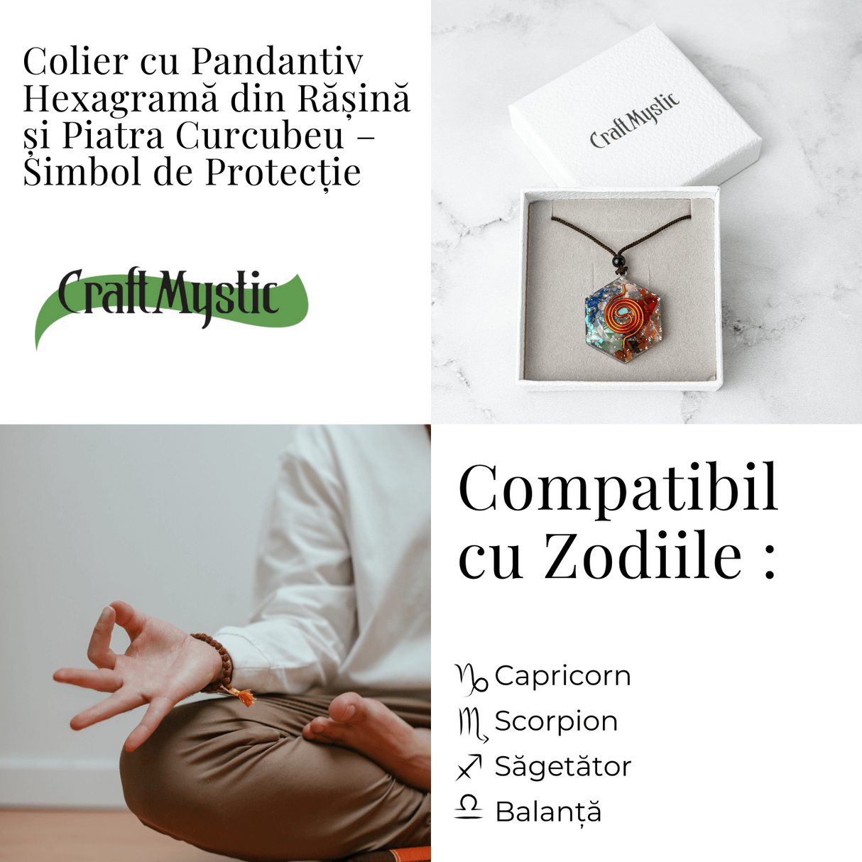 Colier cu Pandantiv Hexagrama din Rasina si Piatra 7 Chakre - Protectie si Armonie
