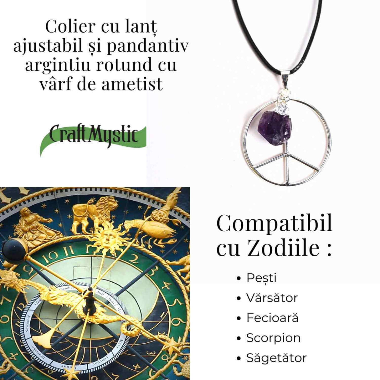Colier cu Ametist în forma de Semnul Pacii - Liniste si Claritate