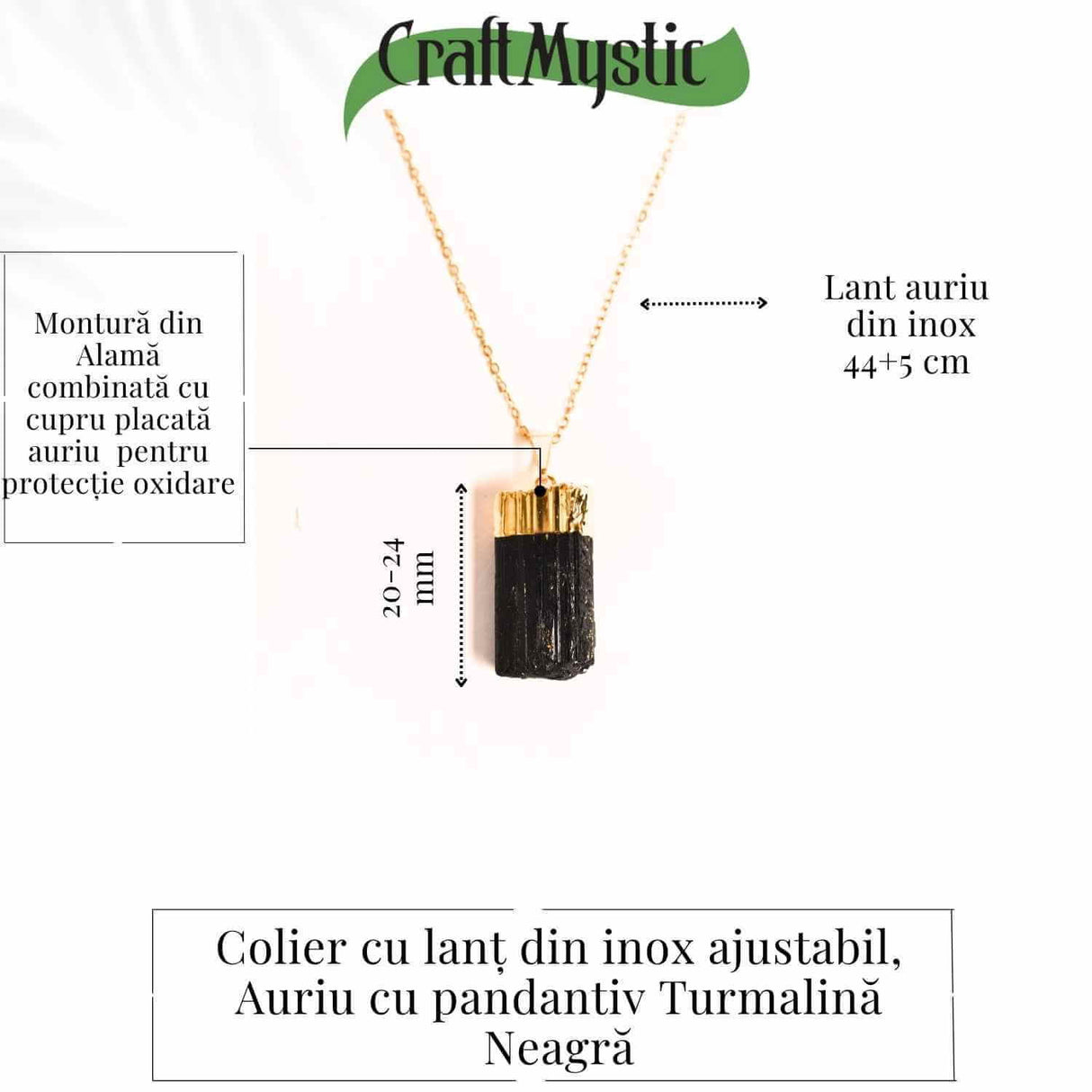 Colier auriu cu pandantiv si Turmalina Neagra cu lant inox - Protectie si Eleganta Naturala