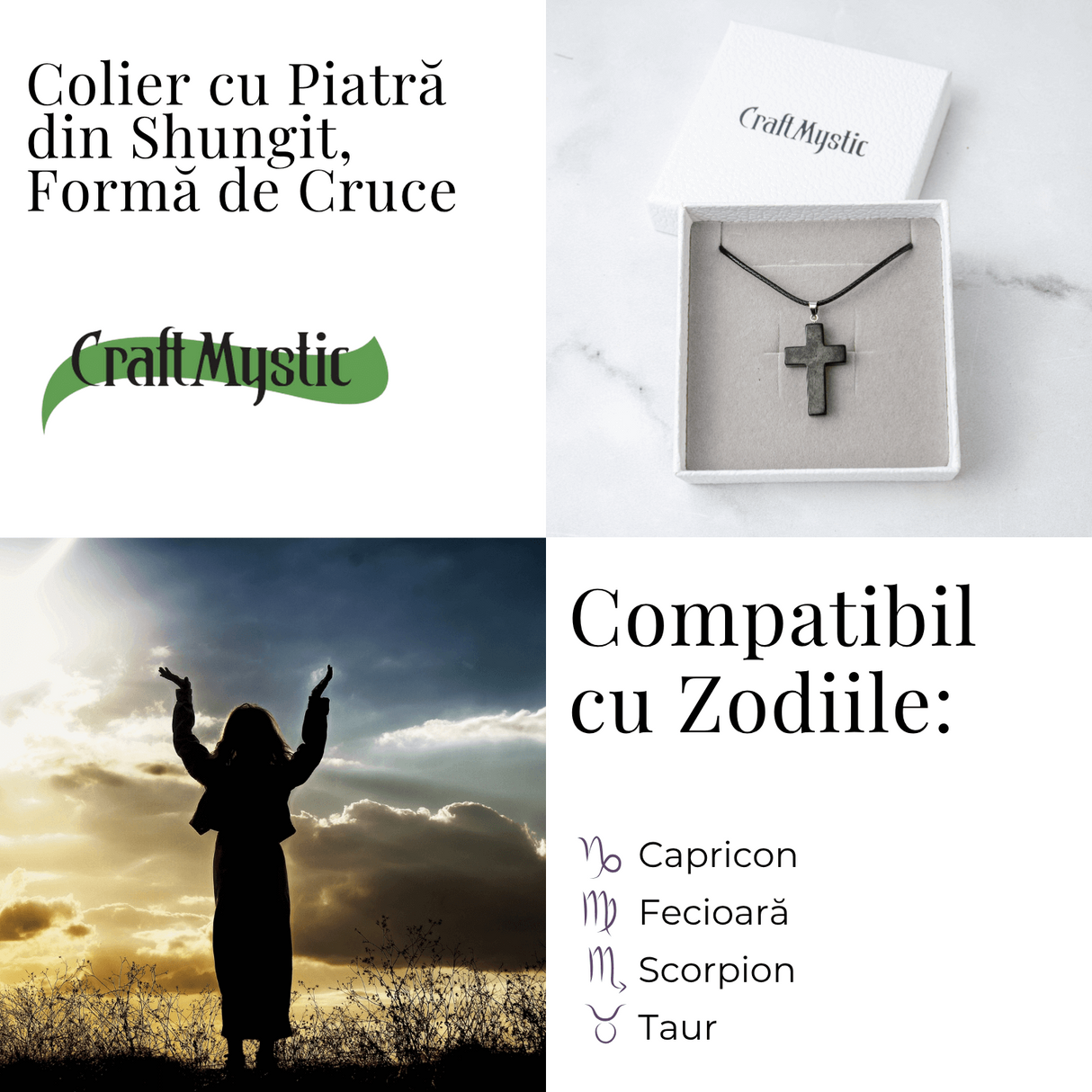 Colier cu Pandantiv Cruce din Shungit Natural - Protectie Energetica si Liniste Interioara
