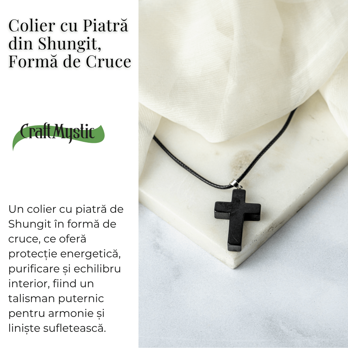 Colier cu Pandantiv Cruce din Shungit Natural - Protectie Energetica si Liniste Interioara