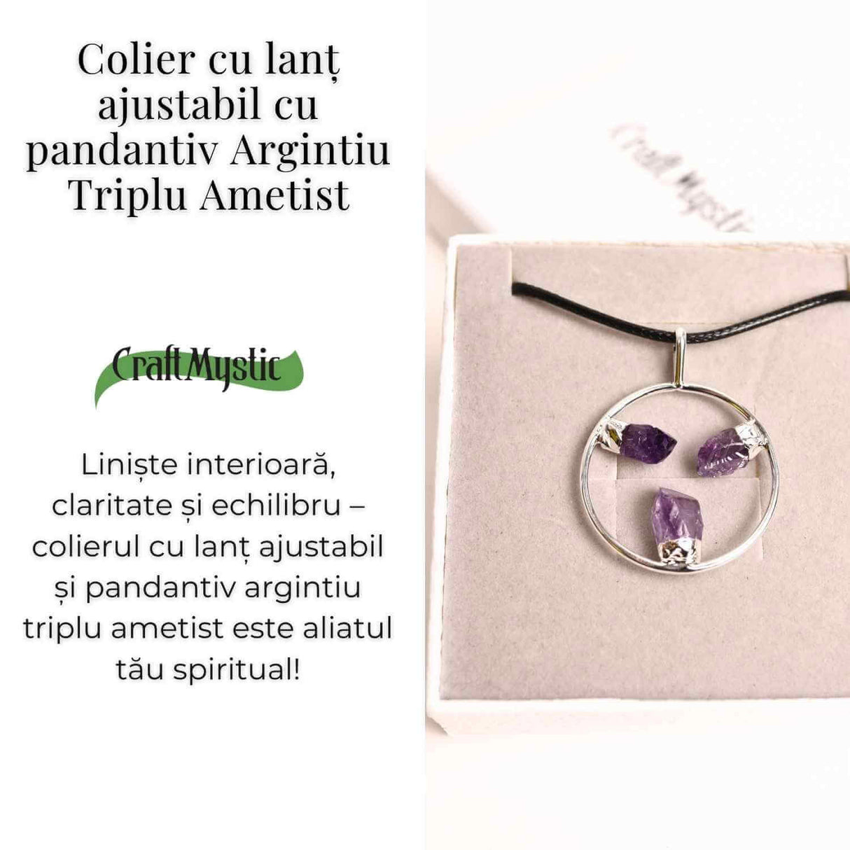 Colier cu pandantiv rotund si 3 pietre varf Ametist - Claritate si Eleganta Naturala