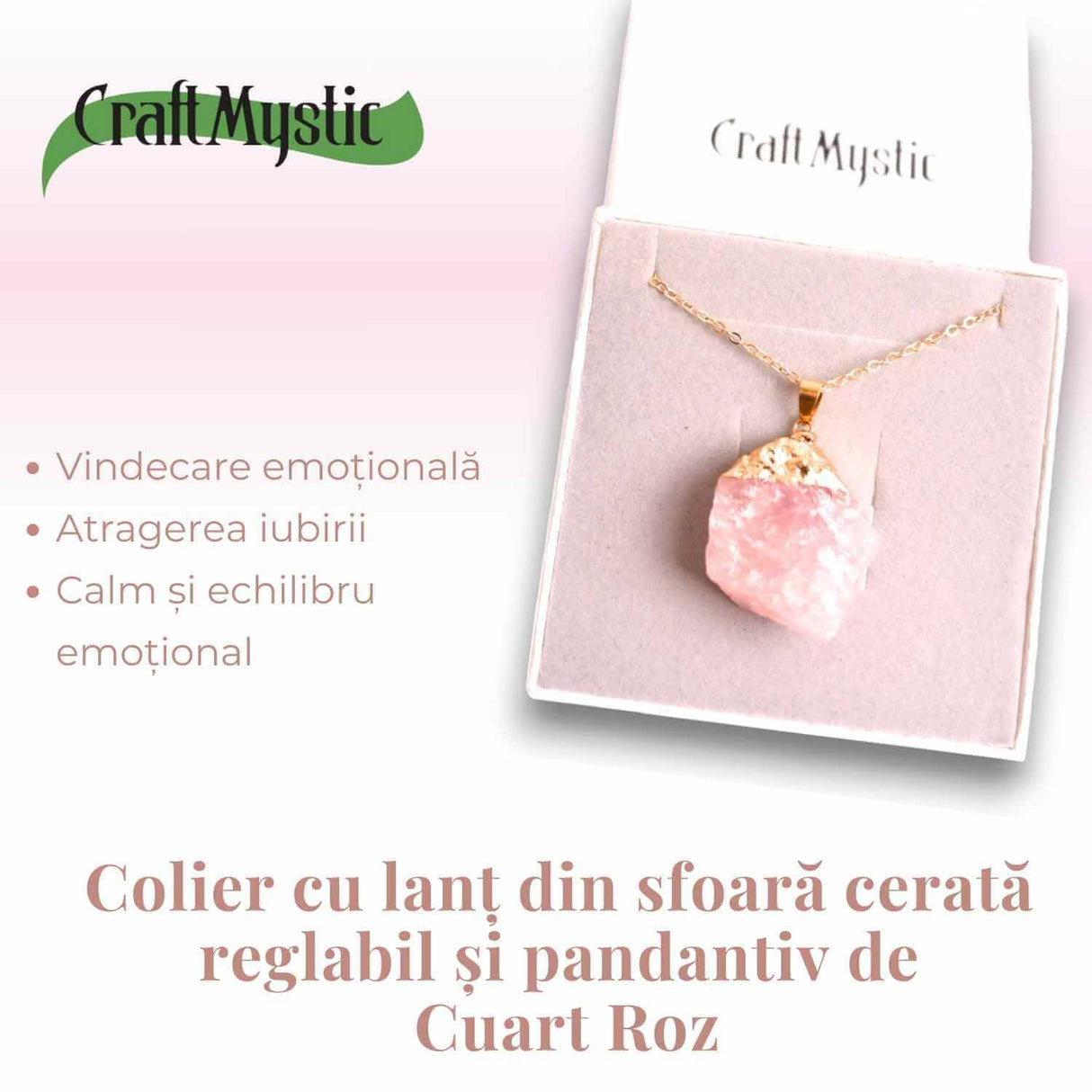 Colier auriu ajustabil cu pandantiv din Cuart Roz brut - Vindecare și Iubire dimensiune 35-50 mm