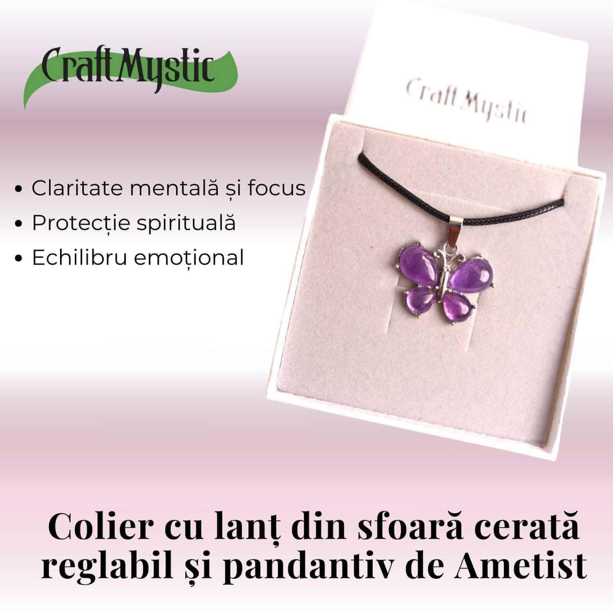 Colier ajustabil fluture cu Ametist - Protecție și Eleganță