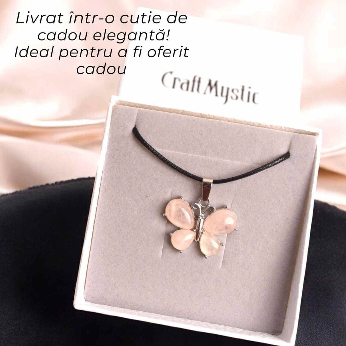 Colier ajustabil fluture cu Cuart Roz - Protecție și Eleganță