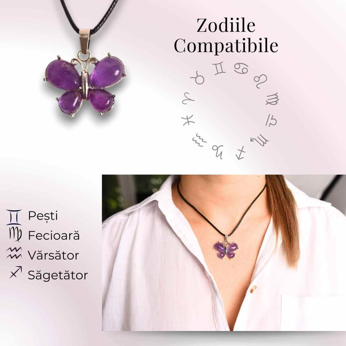 Colier ajustabil fluture cu ametist - Protecție și Eleganță