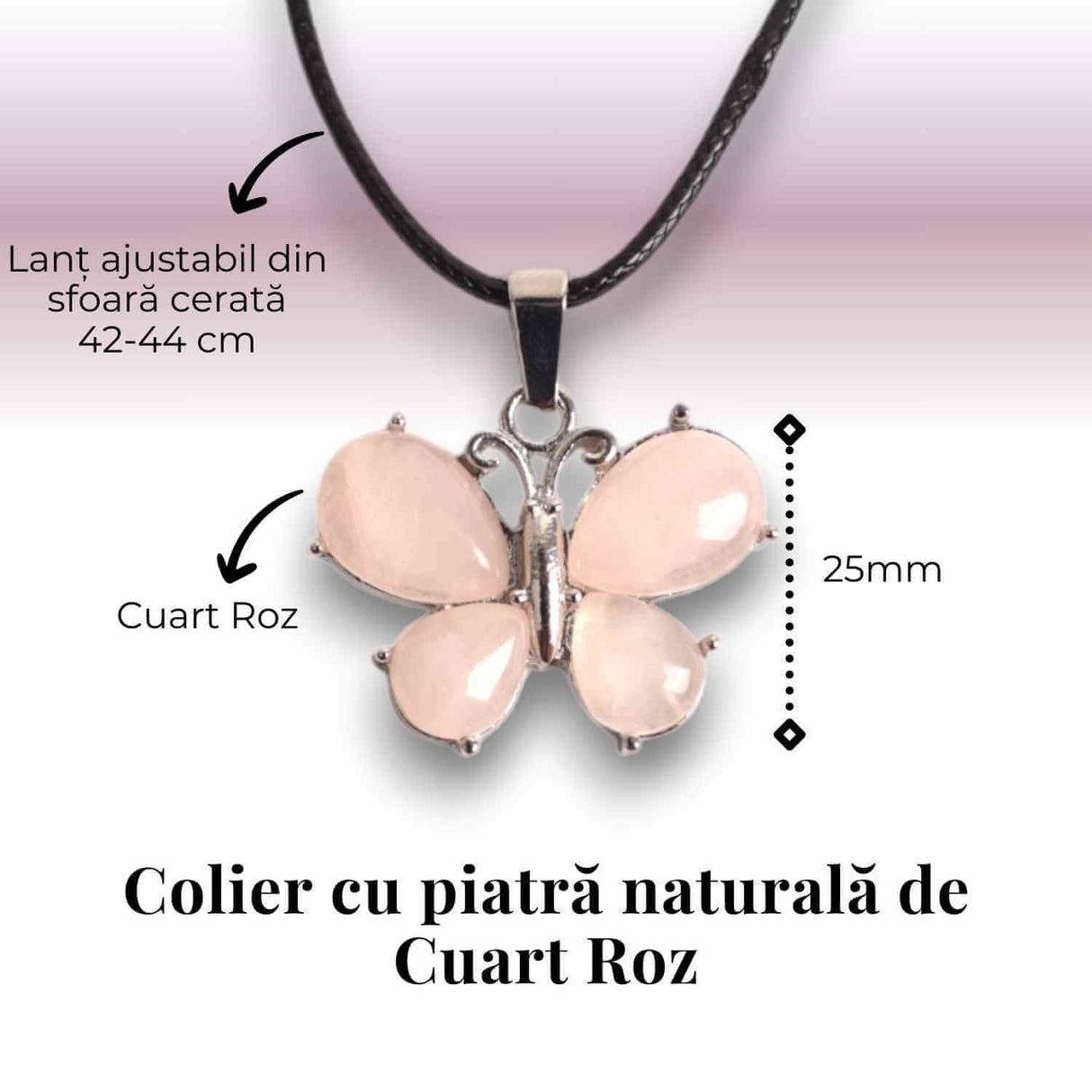 Colier ajustabil fluture cu Cuart Roz - Protecție și Eleganță